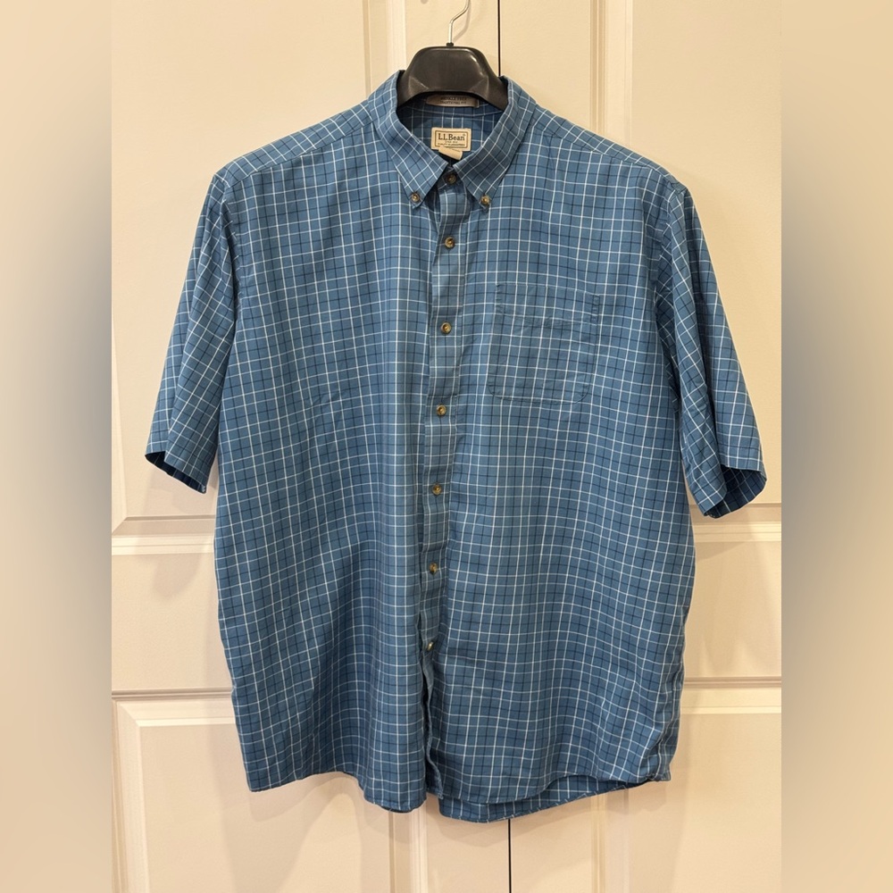 L.L. Bean Men's Short Sleeve Button Up Shirt Blue Check Size XXL Traditional Fit